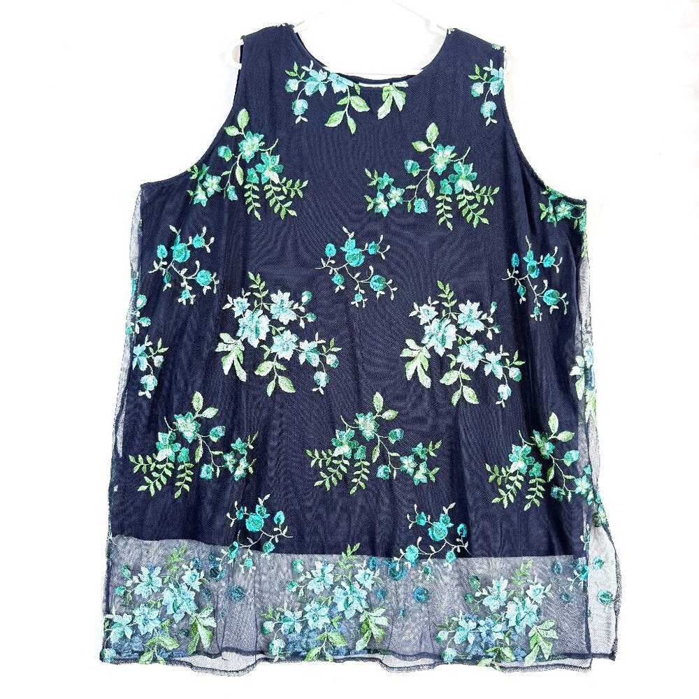 Susan Graver Floral Embroidered Mesh Lined Sleeveless Shift Dress Womens 3X Blue